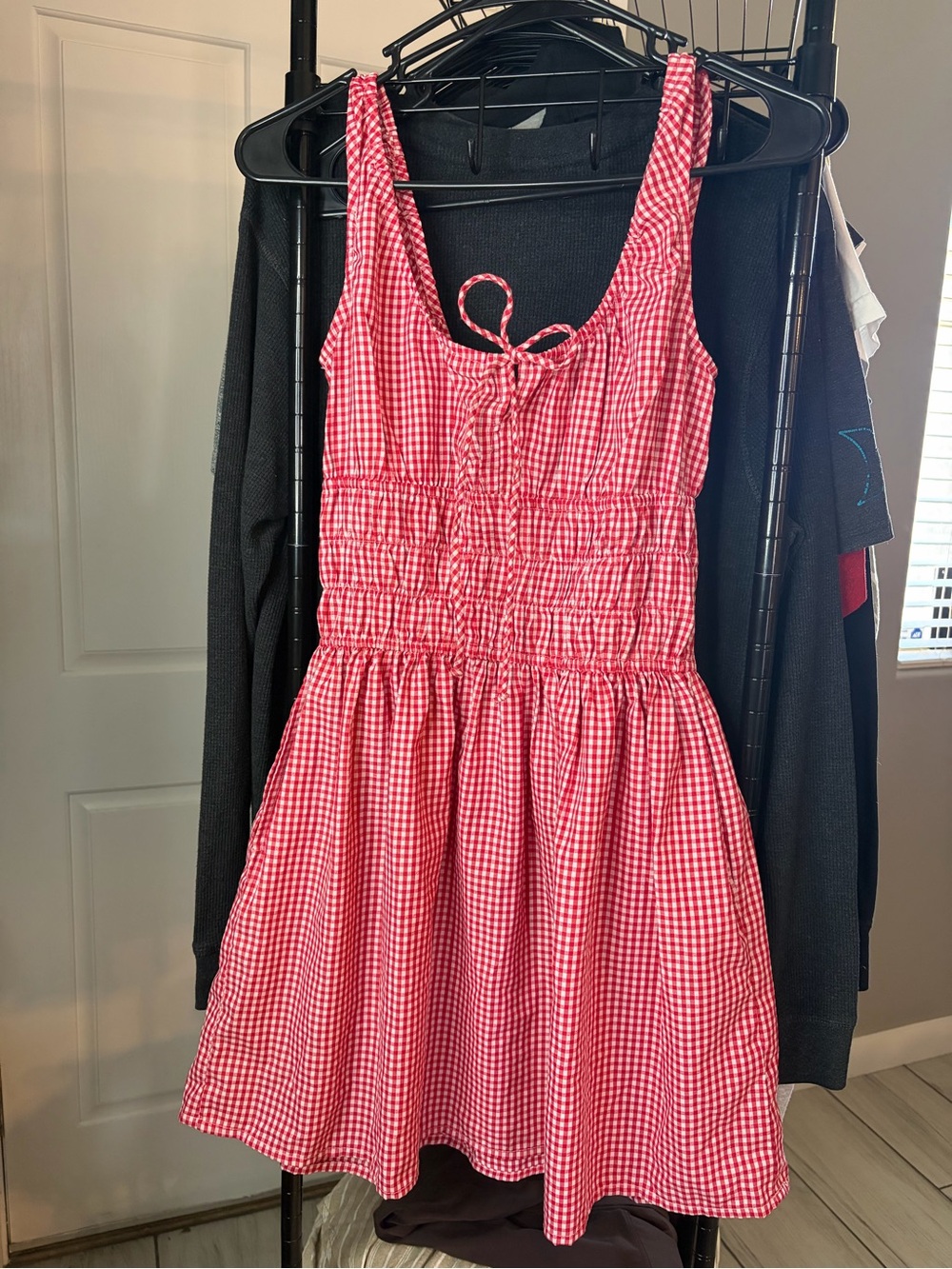 Gingham Smocked Midi Dress with Tie Front in Red